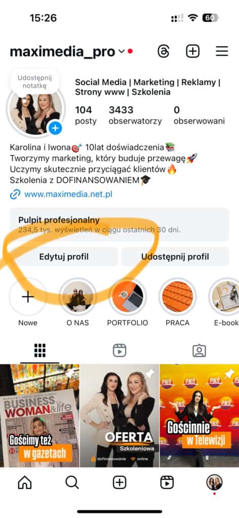 Przycisk Edytuj profil na Instagramie – miejsce do ustawienia biogramu