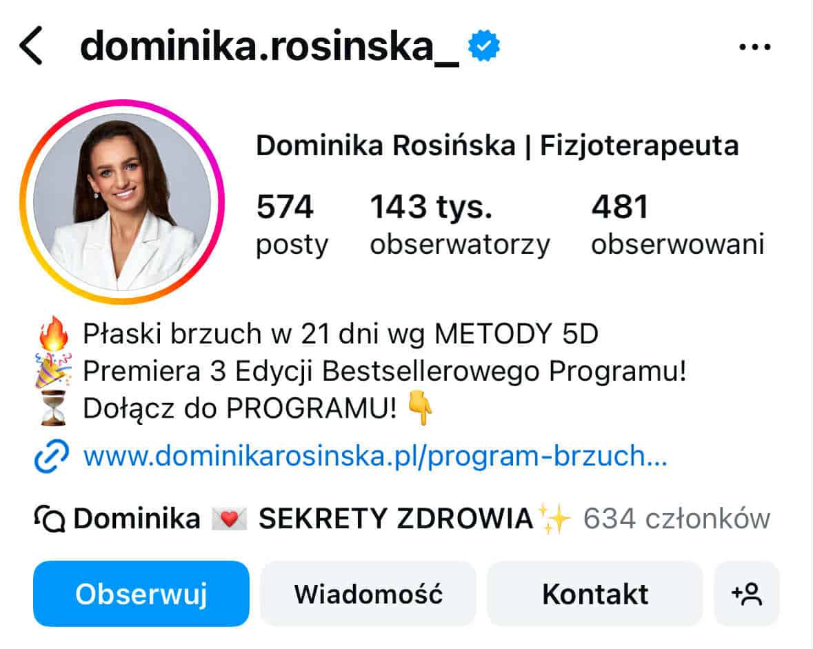 Biogram na Instagramie – przykład widoku profilu z opisem i linkiem w bio